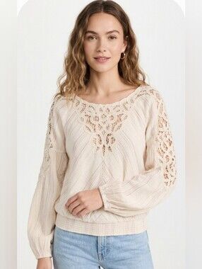 Free People Cream Lace Yoke Peasant Top,  Size M